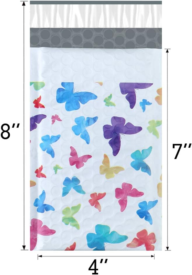 UCGOU Bubble Mailers 4x8 Inch Colorful Butterfly 50 Pack Poly Padded Envelopes Small Business Mailing Packaging Self Seal Waterproof Boutique Mail Shipping Bags for Jewelry Makeup Supplies #000
